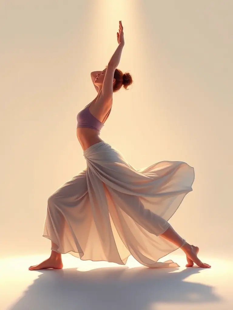 A photograph of a person in the Triangle Pose (Trikonasana), demonstrating flexibility, balance, and spinal alignment, taken in a minimalist studio.