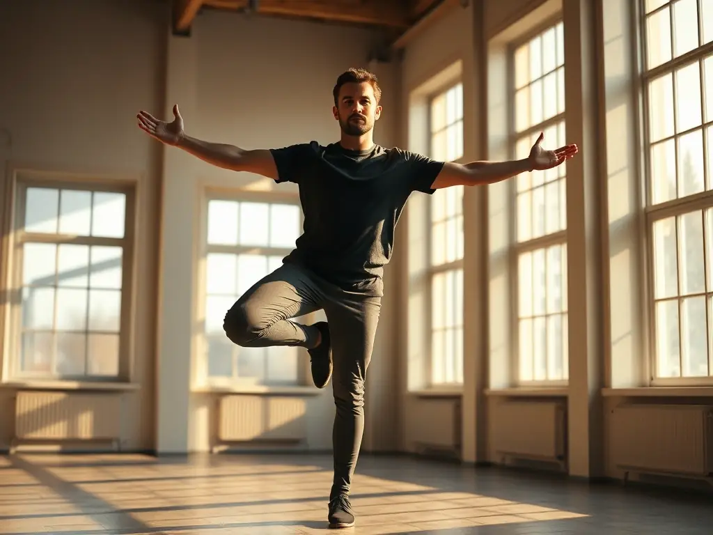 A person practicing a PoseSync5 posture in a sunlit studio, demonstrating improved balance and focus.