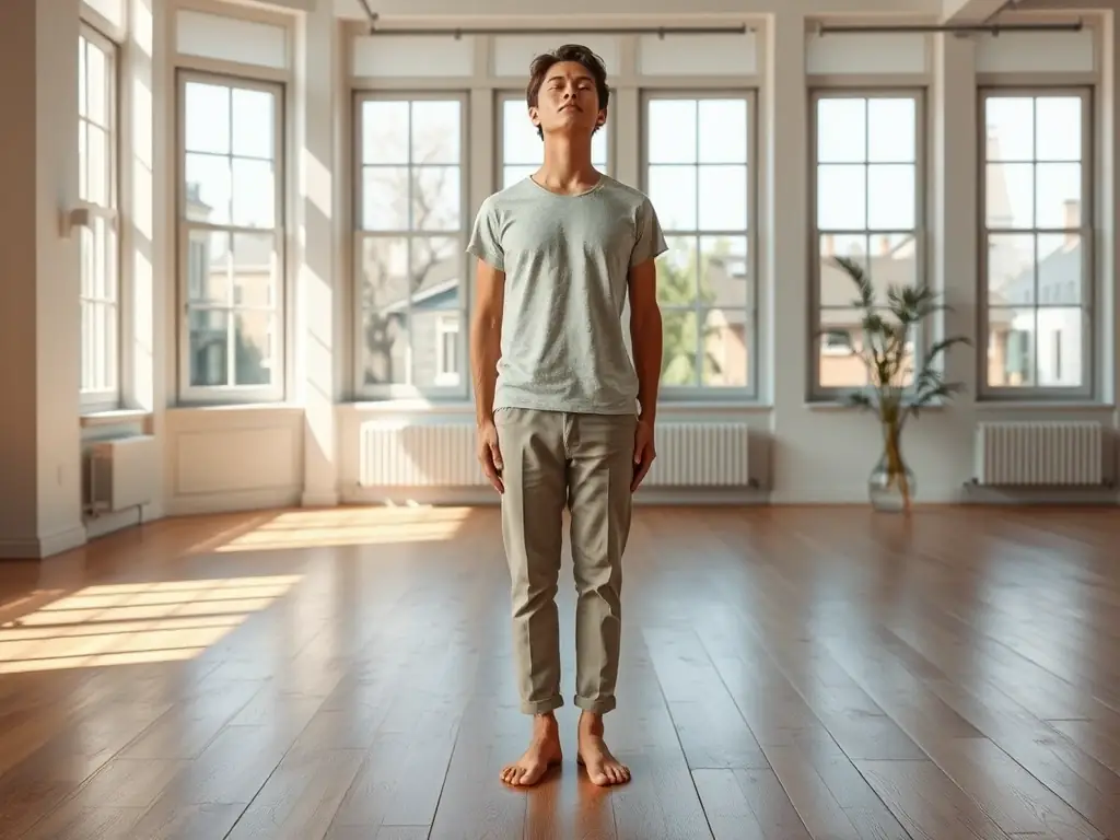 A person demonstrating the first PoseSync5 posture, focusing on proper alignment and breath control, set in a minimalist studio environment.