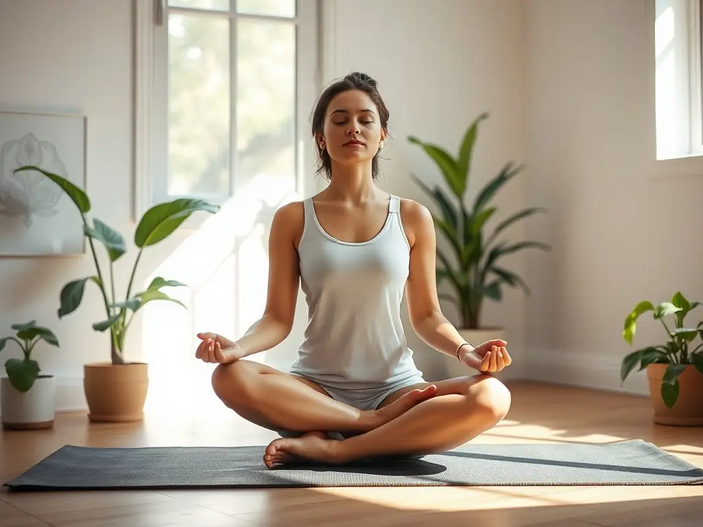 A person meditating after a PoseSync5 session, radiating calmness and inner peace.