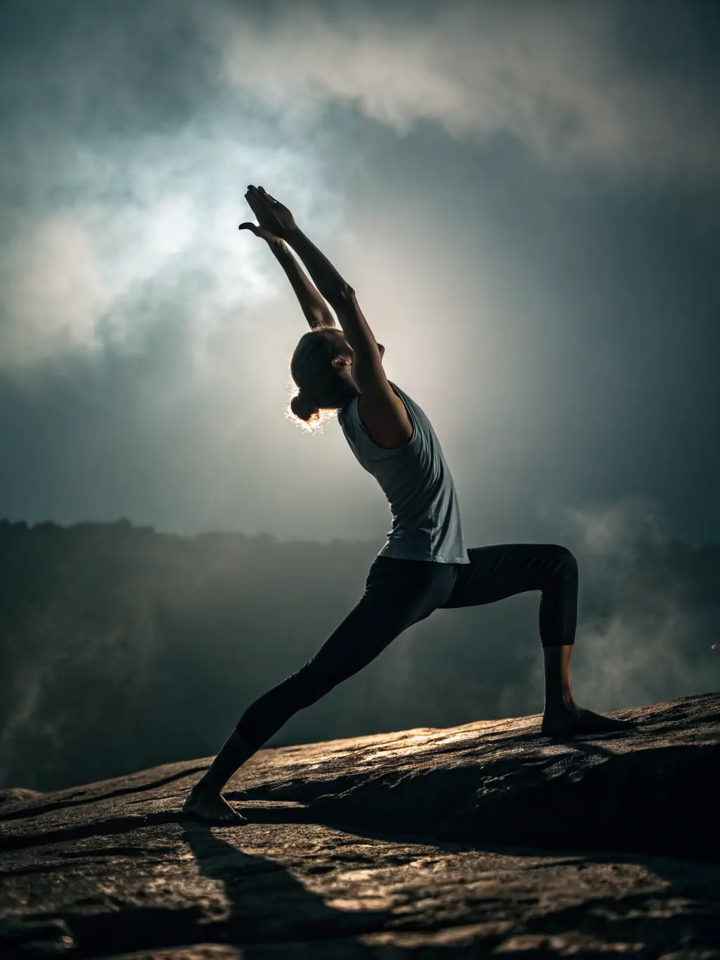 A photograph of a person in the Warrior Two Pose (Virabhadrasana II), showcasing strength, focus, and open energy, taken in a natural light studio.