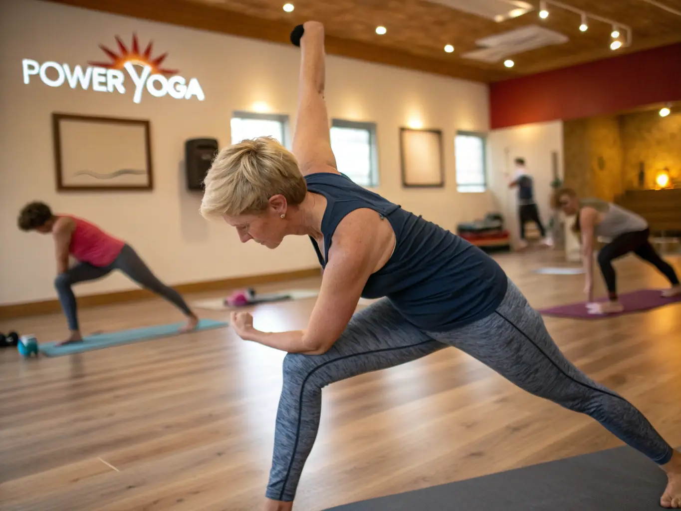 A person demonstrating the third PoseSync5 posture, emphasizing balance and coordination, set in a minimalist studio environment.