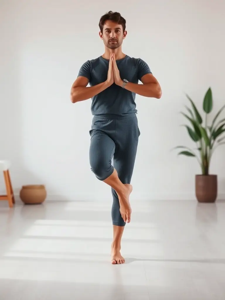A photograph of a person in the Tree Pose (Vrksasana), showcasing balance, concentration, and inner peace, taken in a serene studio environment.